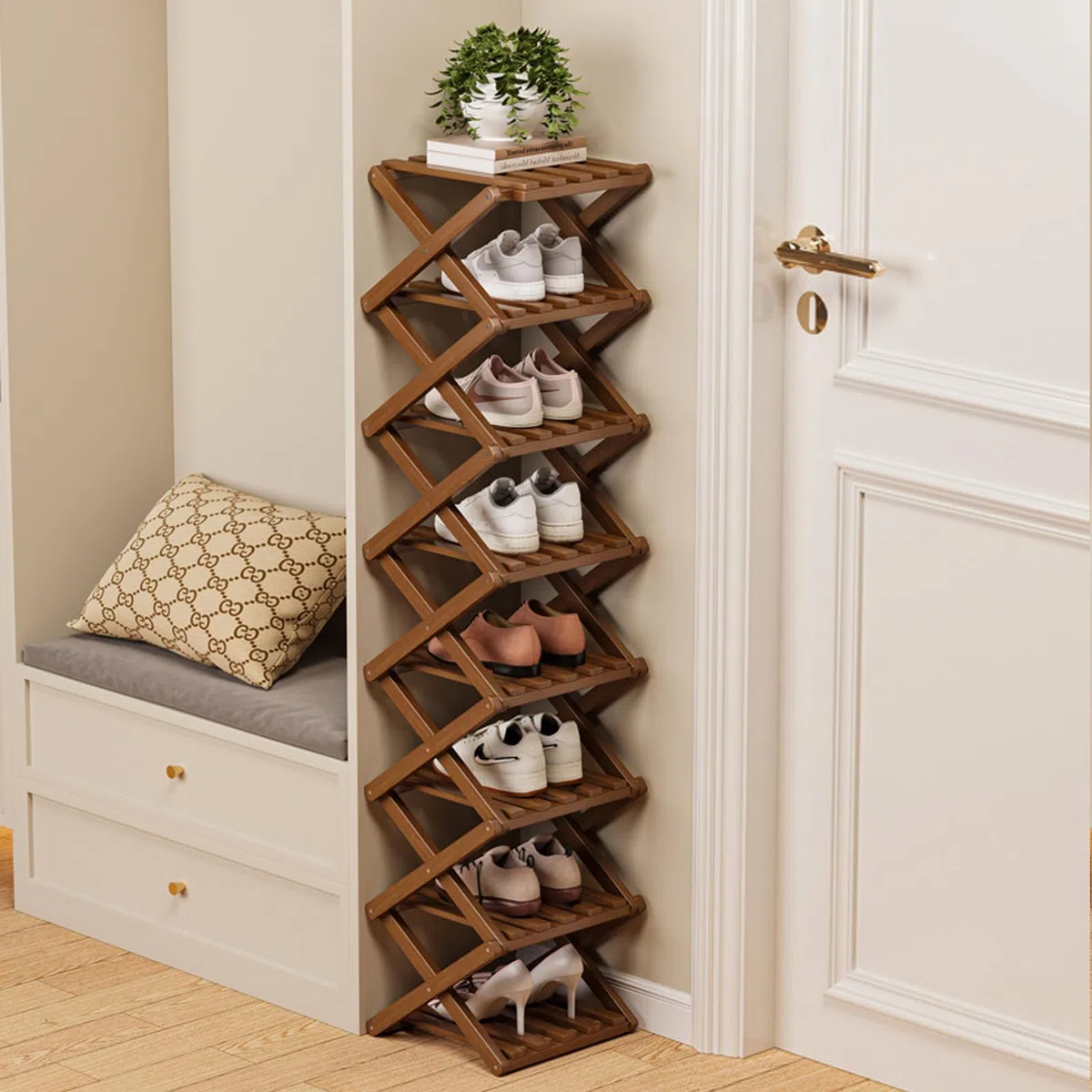 Scarpiera Pieghevole Stretta Verticale Salvaspazio Organizer In Bambù Struttura Stabile Scarpiera Angolare Pieghevole Senza Montaggio Per Piccoli Appartamenti Bagno Brown 8-tier