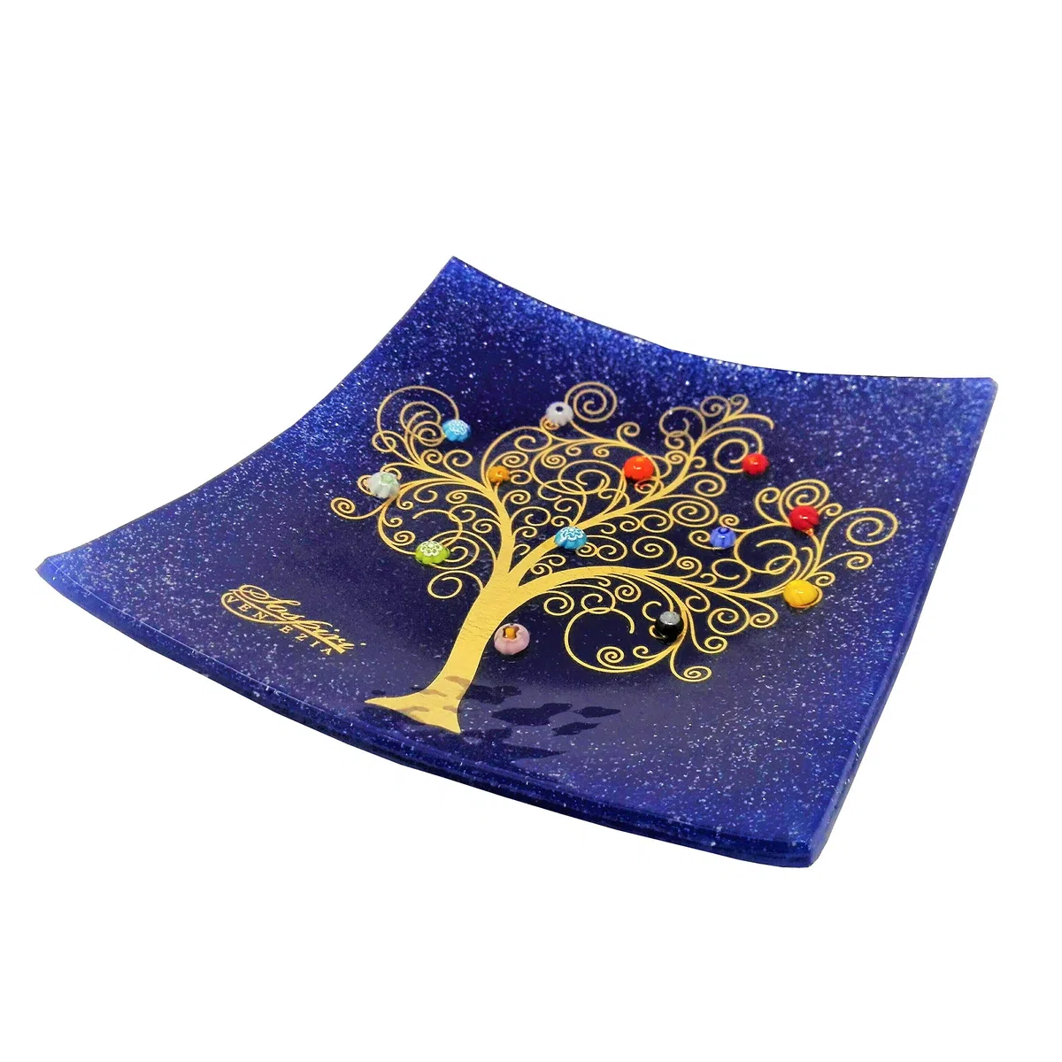 Sospiri Venezia Svuotatasche Albero della Vita in Vetro di Murano Murrine e Oro Idea Regalo Piatto Vassoio Decorativo Made Italy Portaoggetti Soprammobile Bomboniere Cerimonia 14x14 cm