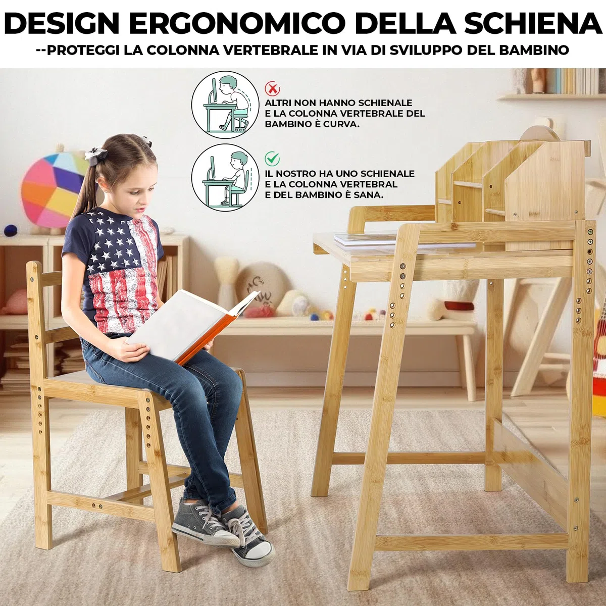 Scrivania per bambino Regolabile in Altezza, con Sedia, in Legno di Bambù, Supporto per Libri, Set da Scrivania, Colore Naturale