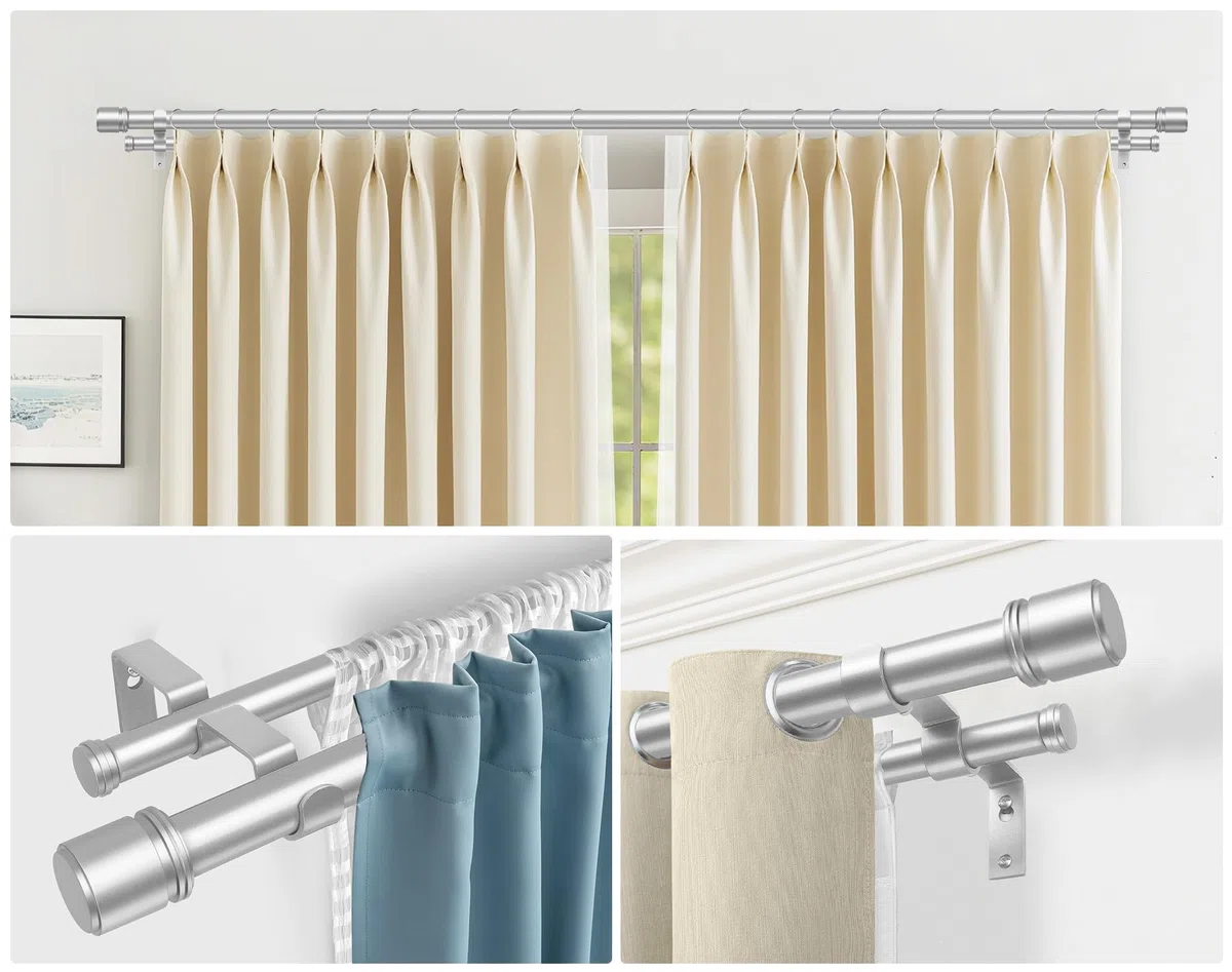 HOTOZON Argento Bastone da Tenda Doppio 190-355 cm, 25 mm Estensibile Bastone Tenda Doppio Montado en la Pared con Remates de Tapa Para Ventanas