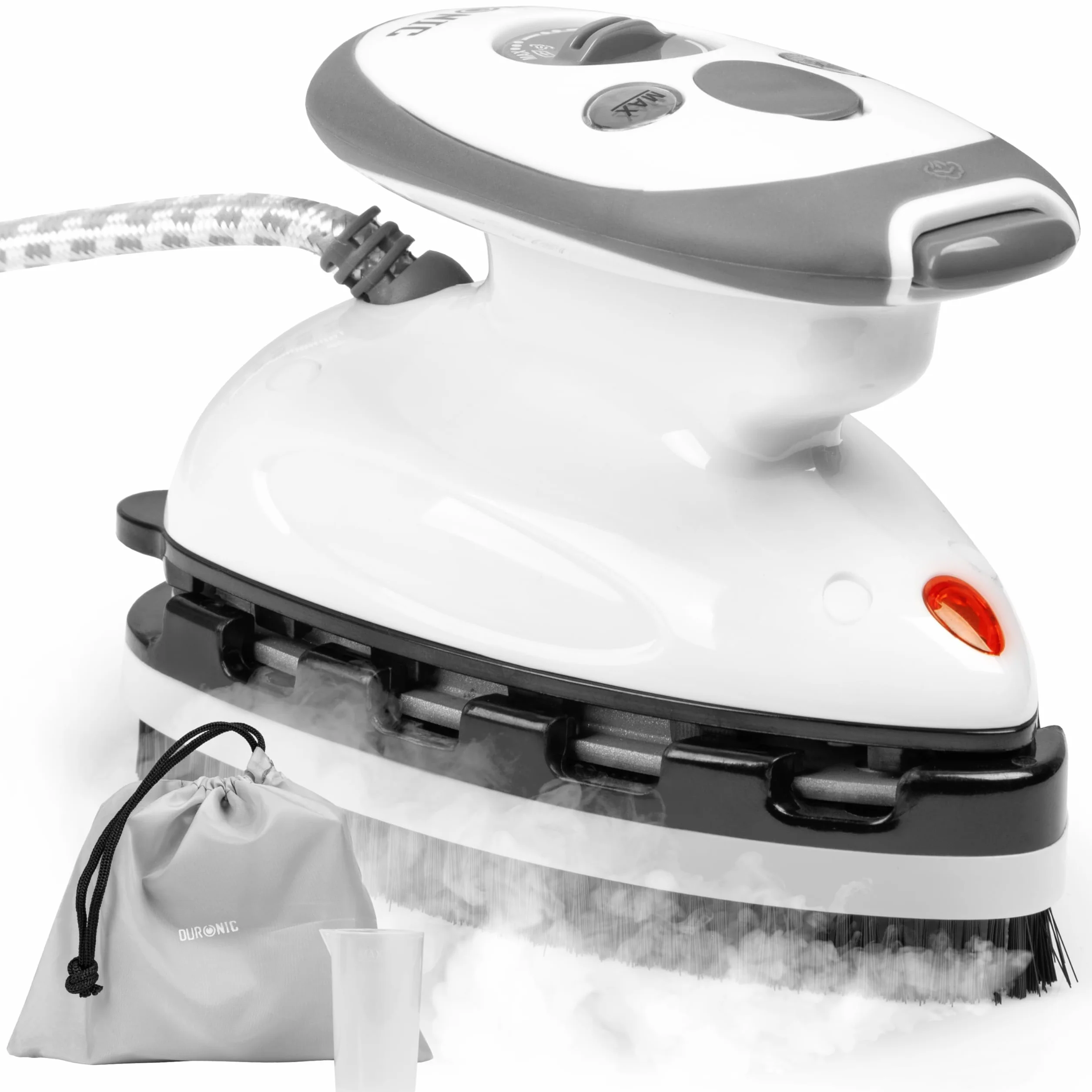 Duronic SI2 WE Mini Ferro da Stiro, Ferro da viaggio a vapore 375 W, Serbatoio 50ml, Steamer portatile con spazzola e borsello da viaggio, Ferro a vapore per lavori di cucito, quilting, Bianco