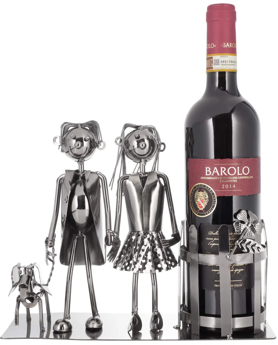 Brubaker Coppia Portabottiglie Vino con Cane - Oggetto Decorativo - Supporto per Bottiglie di Metallo - con Biglietto d'Auguri per il Vino Regalo