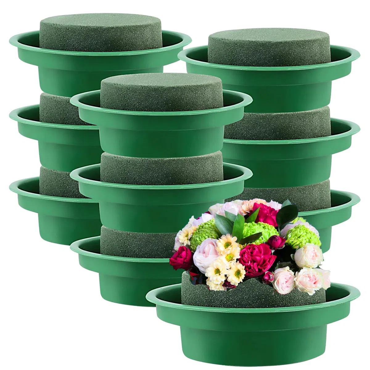 10 pezzi in schiuma floreale da 12 cm con ciotole, blocco rotondo in schiuma per fioristi da 12 cm, base rotonda in schiuma verde per fiori bagnati e secchi, con vassoio, per decorazioni di
