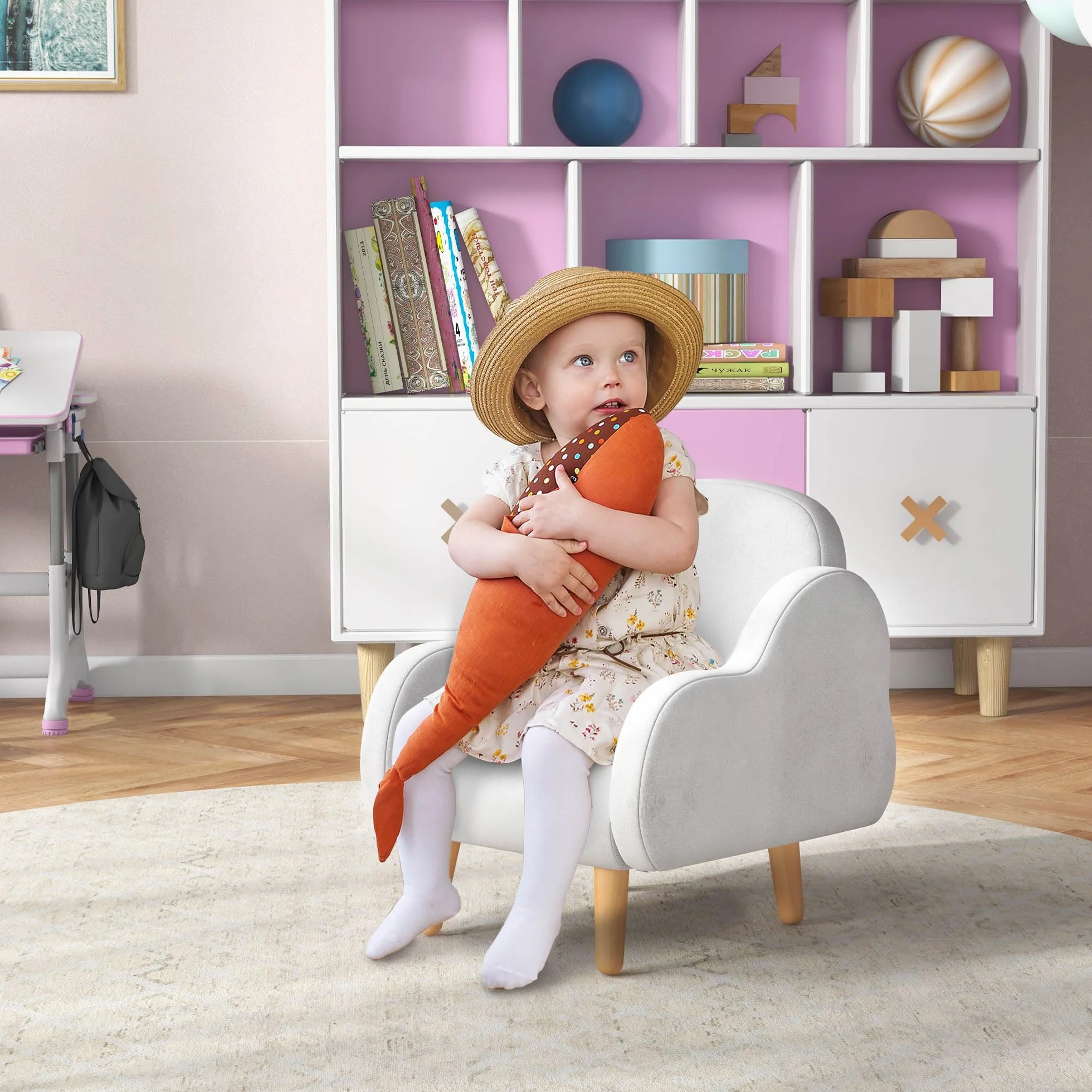 ZONEKIZ Poltroncina per Bambini Stile Scandinavo con Braccioli a Nuvola, Poltrona Piccola per Bambini fino a 3 Anni in Tessuto, 46x51x55 cm, Bianco