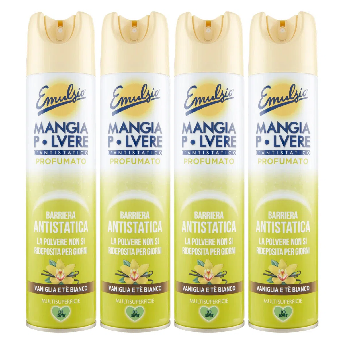 Emulsio Mangia Polvere L'antistatico Profumato Multisuperficie Barriera Antistatica Profumo Vaniglia e Tè Bianco - 4 Flaconi Spray da 300ml ognuno