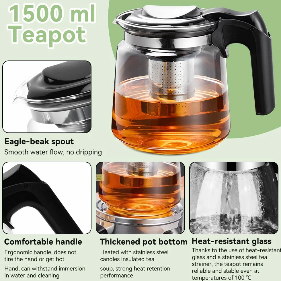 Teiera in Vetro con Colino da 1.5L,Teiera con Filtro e Coperchio,Bollitore da Cucina con Filtro in Acciaio Inox per Foglie di tè Sfuso,Tisane,caffè