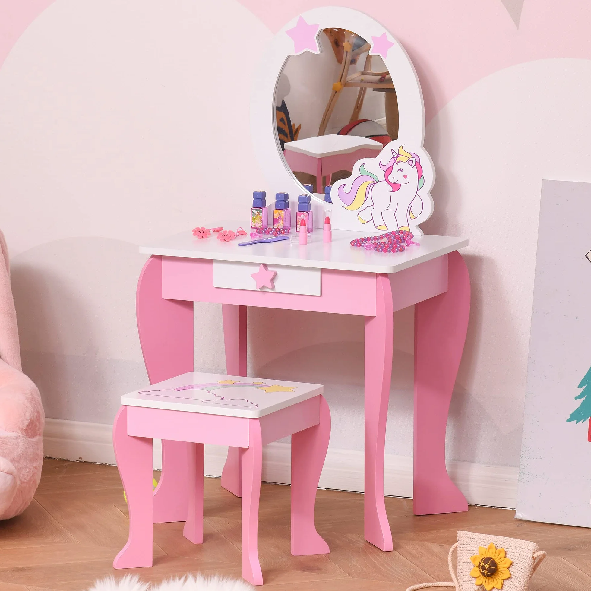 HOMCOM Specchiera Giocattolo Toeletta con Cassetto e Sgabello in Legno, Giochi per Bambine 3-6 Anni Rosa e Bianco