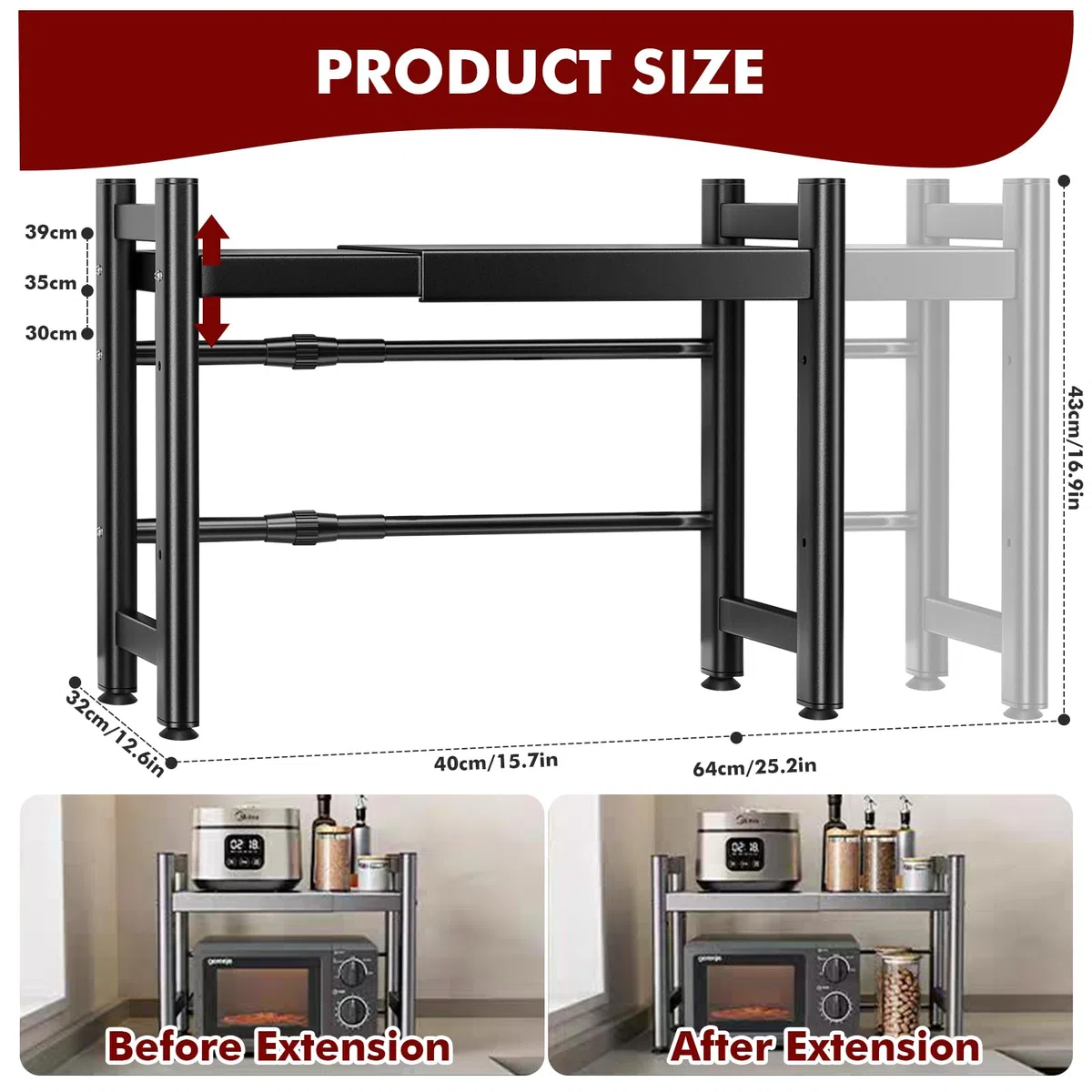 Mensola Microonde, Scaffale da Cucina Estensibile, Supporto Microonde Salvaspazio, Ripiano per Microonde con 6 Ganci 1 Porta Utensili da Cucina, Mobiletto Cucina Microonde Nero