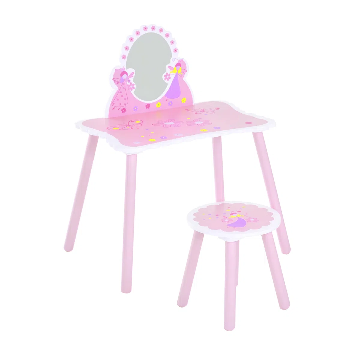 HOMCOM Toeletta per Bambini con Sgabello in Legno, Tavolo Trucco con Specchio Moderno e Cassetto, 59L x 39P x 77A cm, Rosa