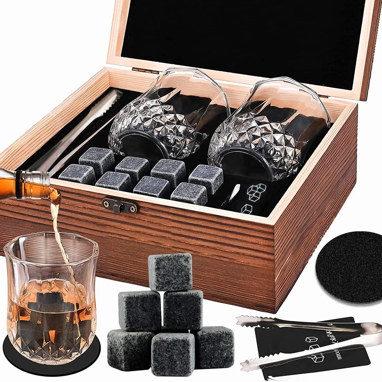 Set da Regalo di Pietre e Bicchieri di Whisky: 8 Pietre Raffreddanti & 2 Bicchieri da Bar, 1 Pinze per Pietre da Scotch, 2 Sottobicchieri, Riutilizzabili per Uomo & Donna