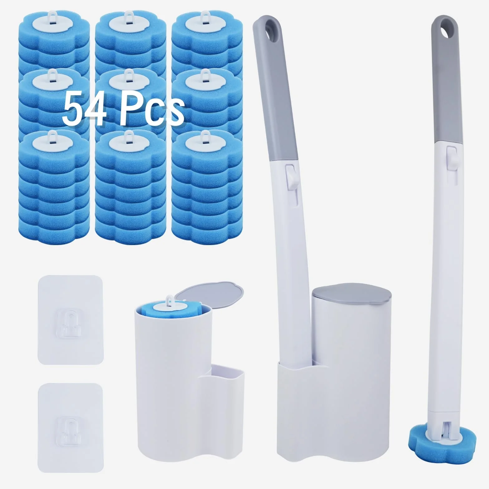 Scopino WC Usa e Getta (con Pulizia WC) – Set di Scopino Bagno WC a Parete in 2 Pezzi, Comprensivo di 54 Dischetti Struccanti e 2 Supporti per Riporle – Set Bagno Spazzolone Bagno Accessori Completo