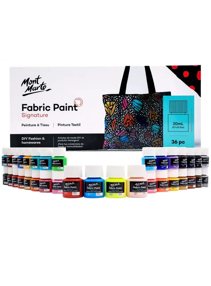 Mont Marte Colori per Tessuti Set – 36 Pezzi x 20ml – Pitture Tessili Permanenti – Colori Brillanti per Abbigliamento, Borse e Tutti i Tessuti
