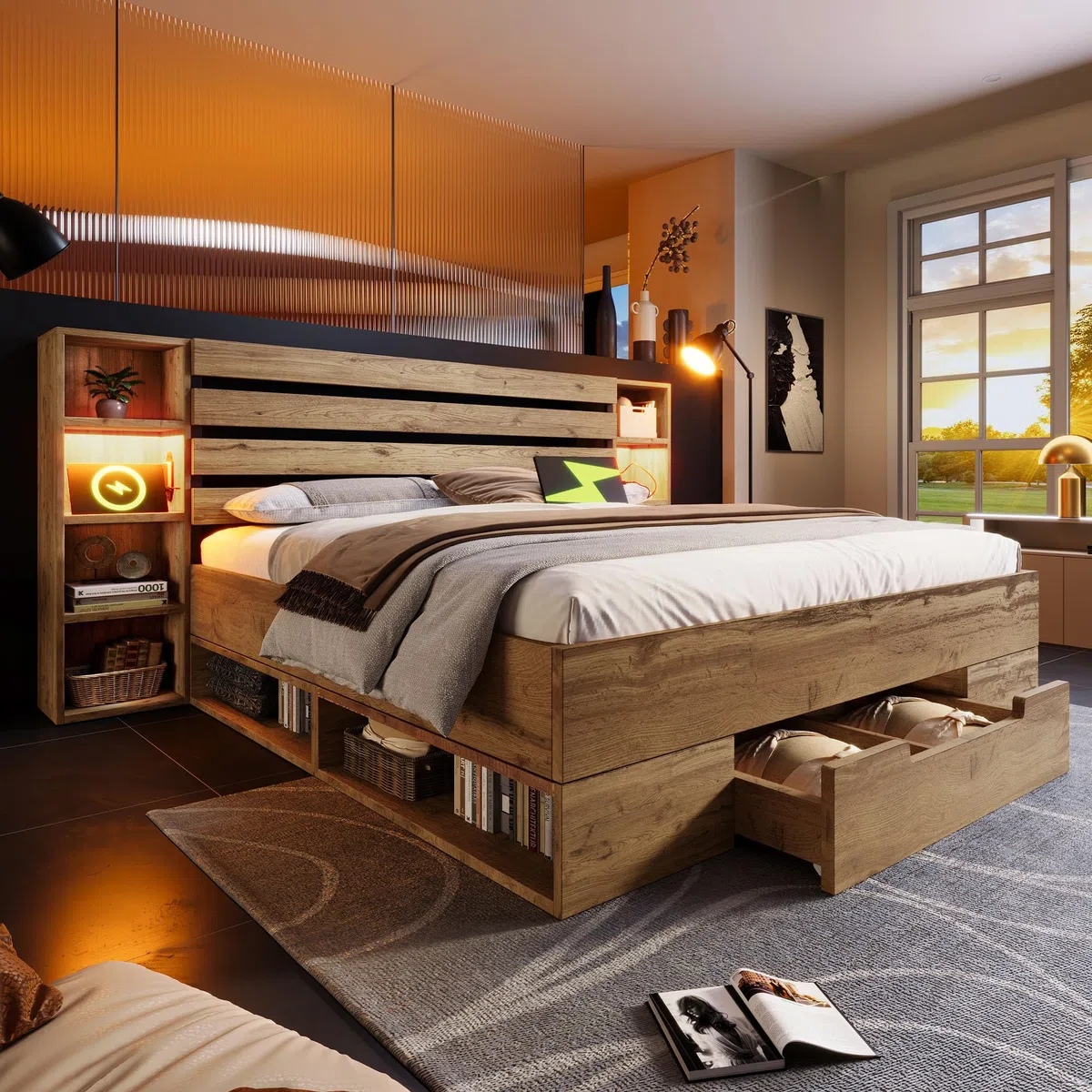 Letto matrimoniale in legno massello 180x200 cm,Con luce LED e porta USB,Letto matrimoniale contenitore,Con cassetti e testiera contenitore,Telaio in legno,Colore rovere (materasso non incluso)