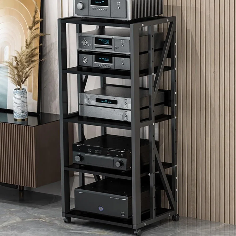 Supporto multimediale AV, Rack Audio Mobile, Rack Stereo a 3, 4 e 5 Livelli con Ruote, mobiletto portaoggetti con Altezza Regolabile, mobiletto Porta componenti Aperto HiFi (Nero, 5 Livelli)