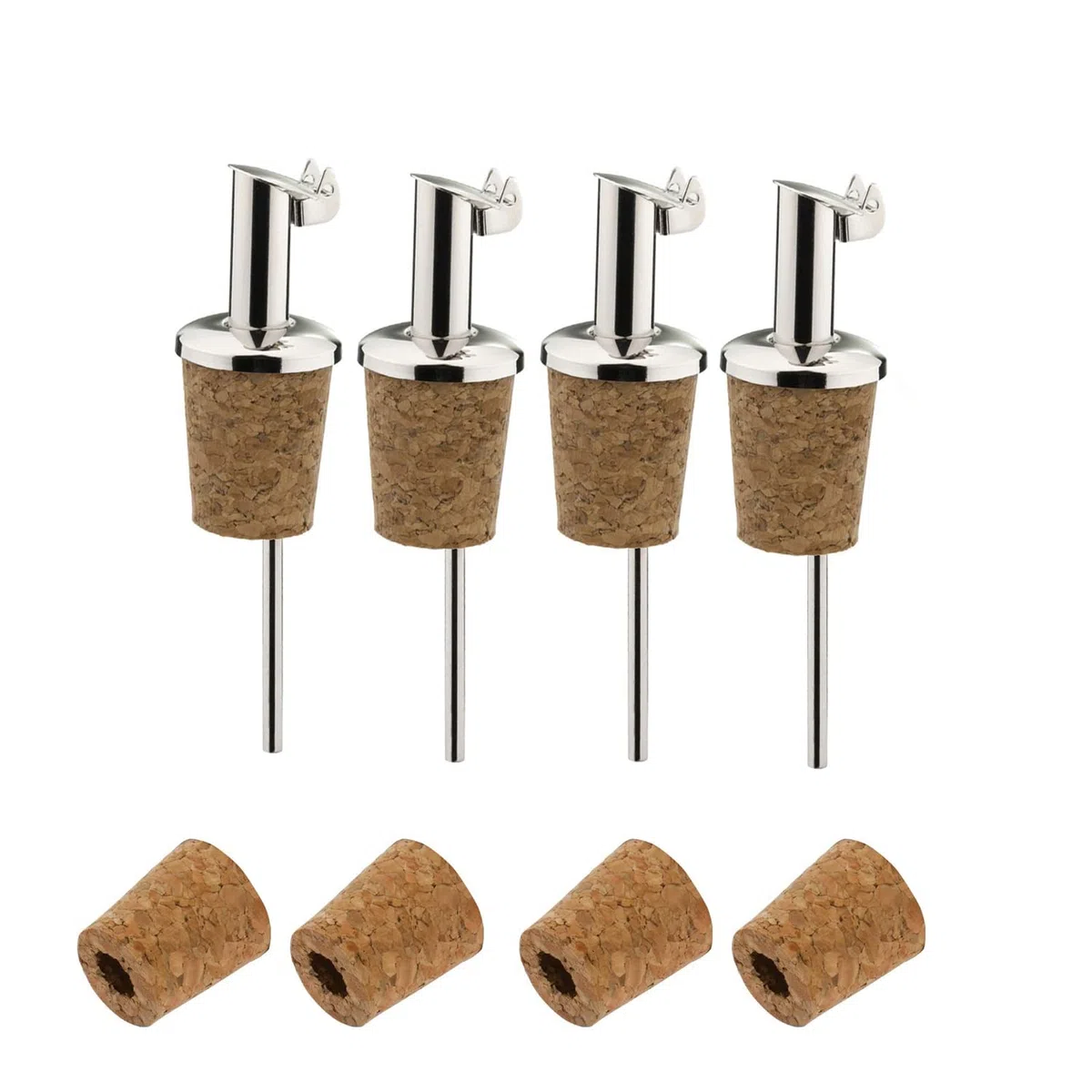 Westmark 4 Beccucci per Bottiglie di Liquori e Olio + 4 Tappi di Ricambio, Corti, Metallo/Acciaio Inossidabile, Tappi in Sughero Naturale, Inox Gastro, Argento, 457022E3