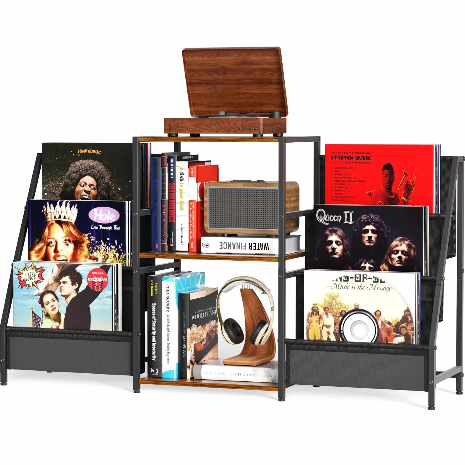 Supporto per giradischi, Tavolo a 3 livelli, Stoccaggio di dischi in vinile fino a 200 album, 123 * 30 * 73 cm, Supporto per giradischi per l'esposizione e l'archiviazione in soggiorno, camera