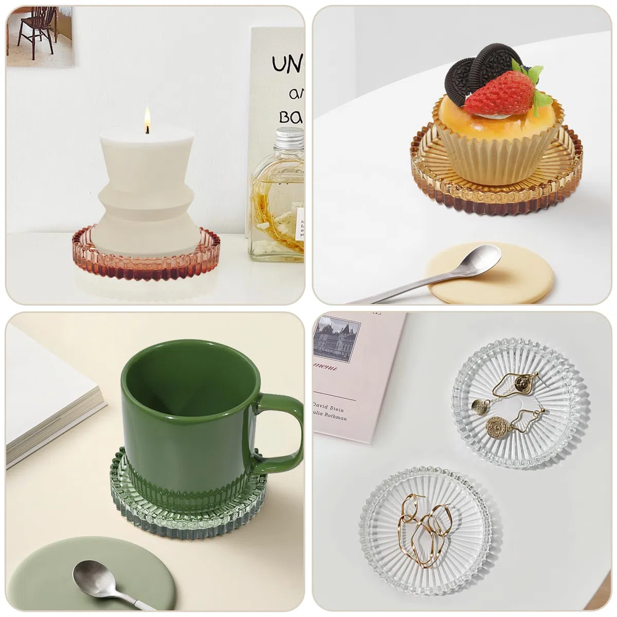 HofferRuffer Confezione da 3 piatti in vetro da 10 cm, portacandele rotondi per candele a pilastro, portacandele tealight, grigio