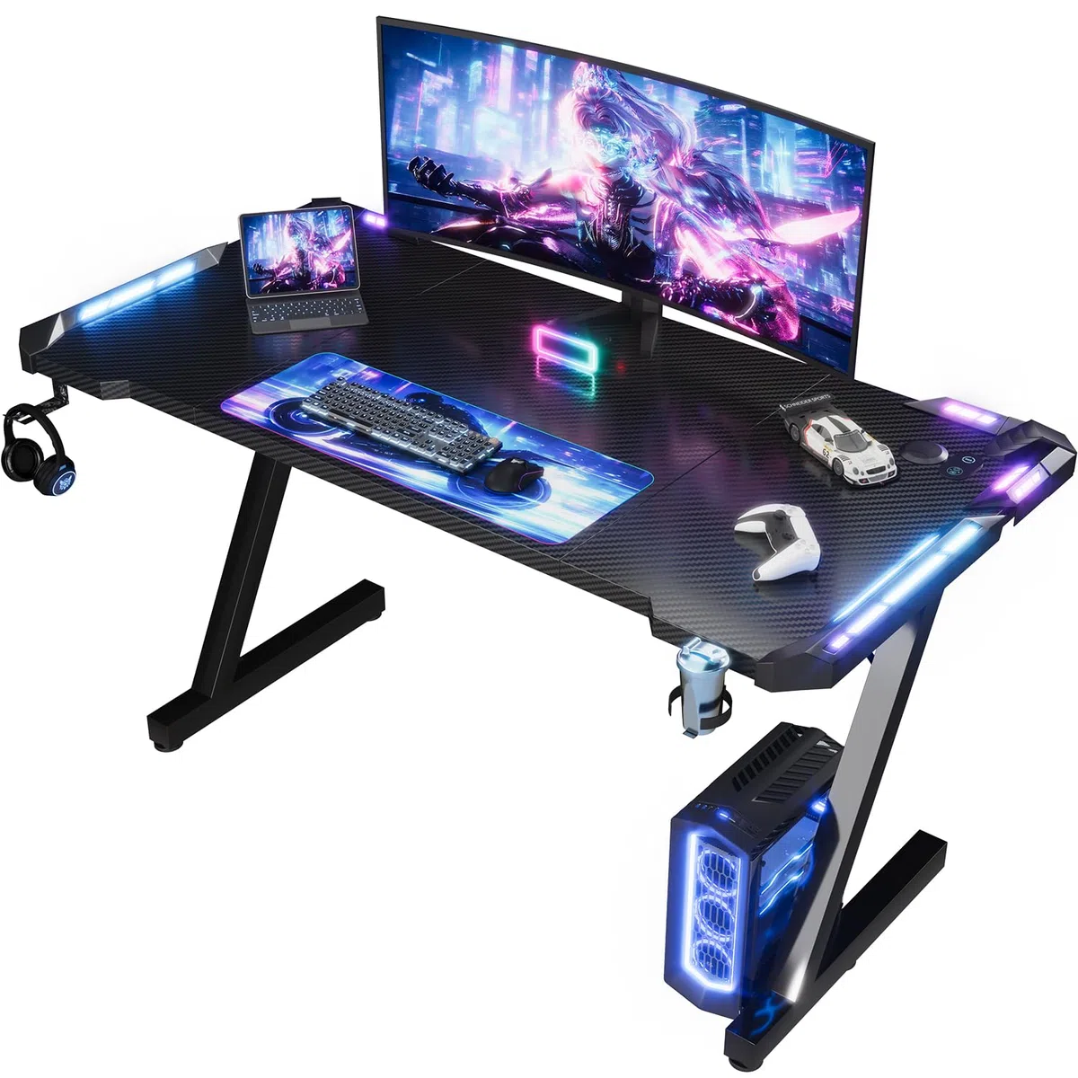 Devoko 120 x 60cm Scrivania Gaming LED, Tavolo Gaming Ergonomica, Scrivania per Computer con Porta Bicchiere e Ganci per Cuffie, Postazione con Piano del Tavolo in Fibra di Carbonio, Nero