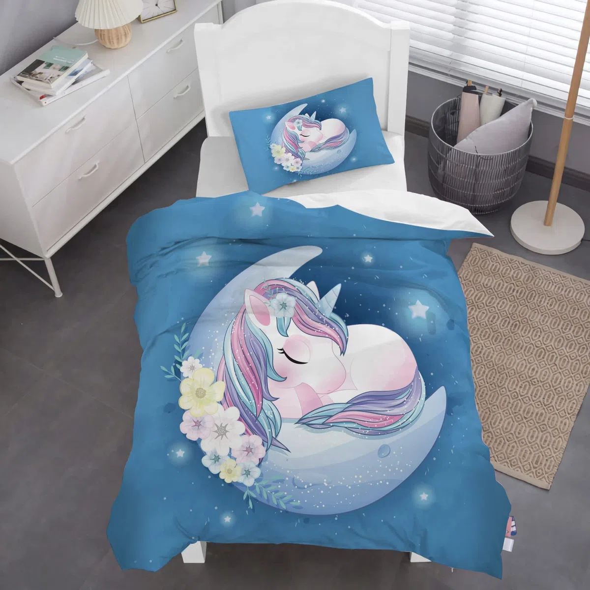 Copripiumino Singolo Bambina 135x200cm, Blu Arcobaleno Unicorno Motivo Microfibra Biancheria da letto - Copripiumino 135x200 e 1 Federa 50X75cm