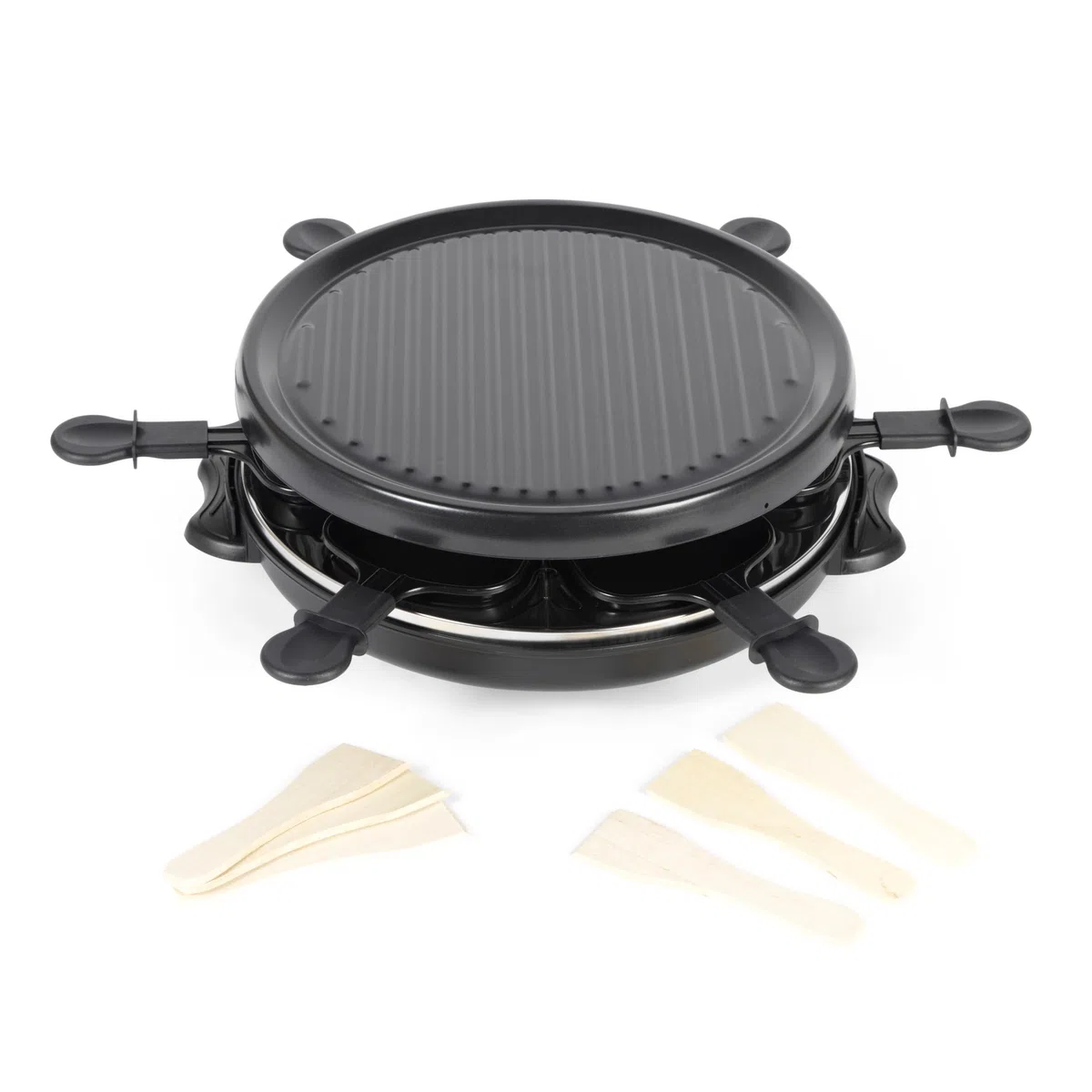 Giles & Posner Raclette Grill da Tavolo – Griglia Elettrica 800W con 6 Padelline Antiaderenti, 6 Spatole in Legno, Piastra Rimovibile 29x29cm, Temperatura Regolabile, Griglia e Servi a Tavola
