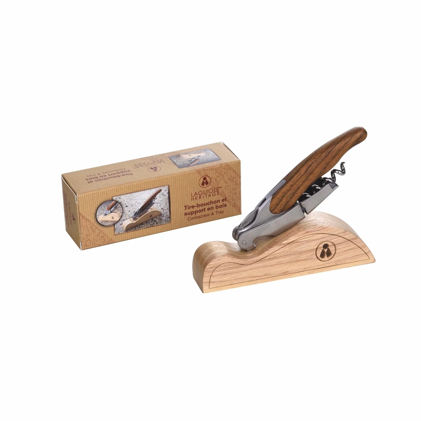 Cavatappi Laguiole Heritage con tagliere - 12 cm - Lavorazione artigianale - Manico in quercia - Confezione regalo inclusa - Coltello da cameriere sommelier con apribottiglie e tagliacapsule