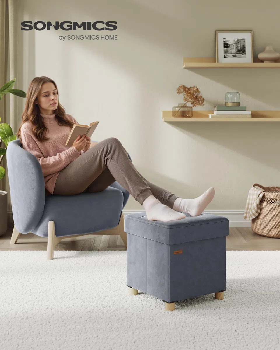 SONGMICS Pouf Contenitore, Cassapanca Pieghevole, 38 x 38 x 40 cm, Sgabello Poggiapiedi, 37 L, Superficie in Velluto, per Camera da Letto Soggiorno, Grigio Ardesia LSF0516G01