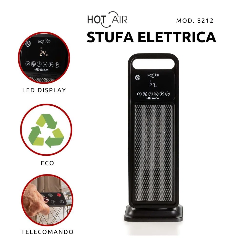 Ariete 8212 Stufa elettrica a torre, 2000W, Funzione ventilazione, Funzione oscillazione, Timer fino a 8 ore, Led display, Tecnologia ceramica, Basso consumo energetico, Nero