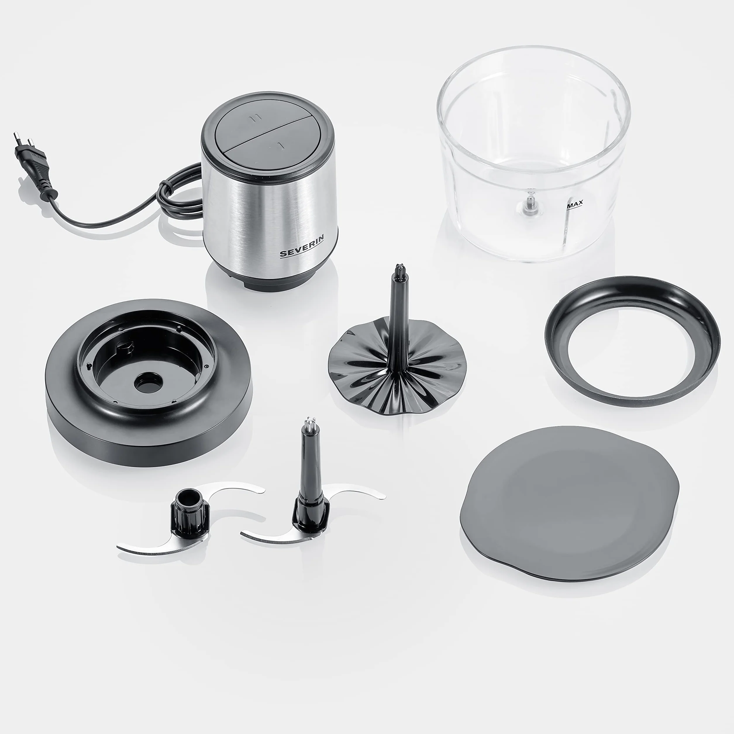 EVERIN Tritatutto da Cucina Elettrico, 1 Litro, 400W, 2 Velocità, Trita Ghiaccio, Disco Emulsionante, Inserto Pela Aglio, Ciotola in Vetro, BPA Free, 15,5 x 15,5 x 24,7 cm, Nero/Inox - KM 3867