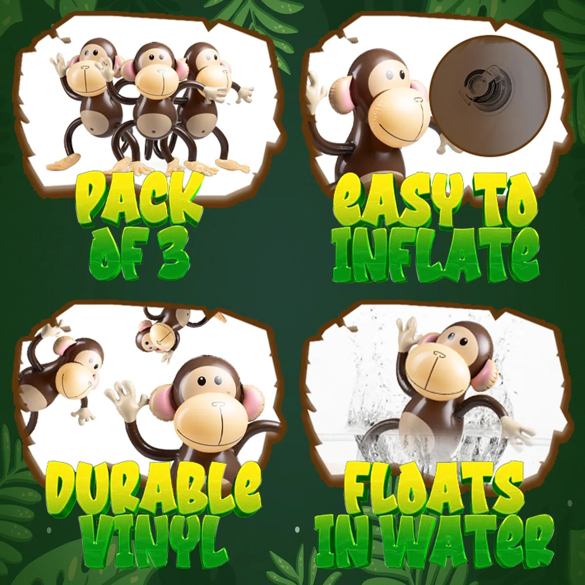 Grande scimmia gonfiabile (confezione da 3) Scimmie da 68,5 cm per baby shower, safari, compleanni a tema giungla, bomboniere e decorazioni gonfiabili a forma di animali per bambini e neonati