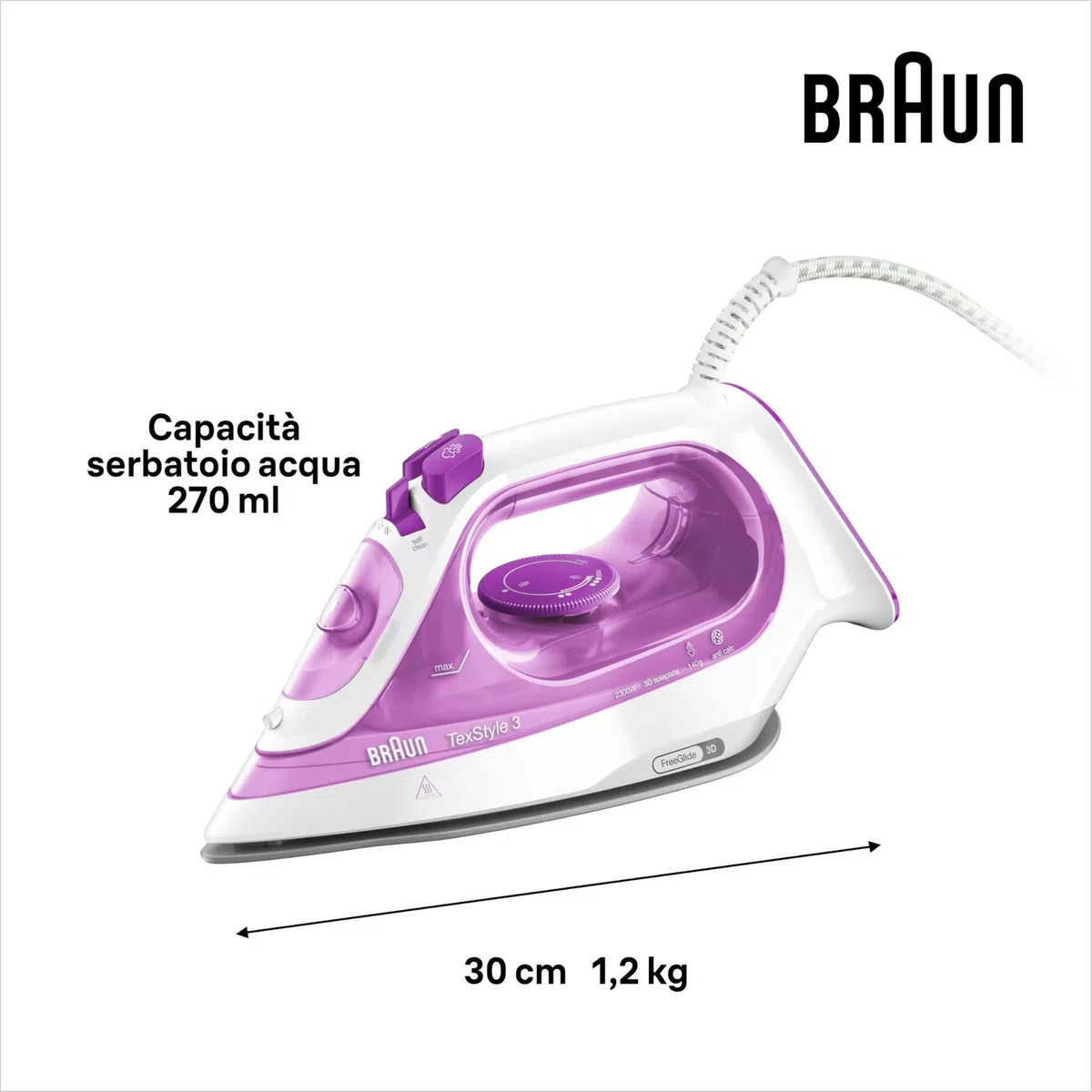 Braun TexStyle3 SI3030PU Ferro da Stiro a Vapore con 5 Anni di Assistenza, Piastra in Ceramica, Stiratura in Verticale, Punta di Precisione, Getto di Vapore 140g/min, Potenza 2300watt, Rosa Chiaro