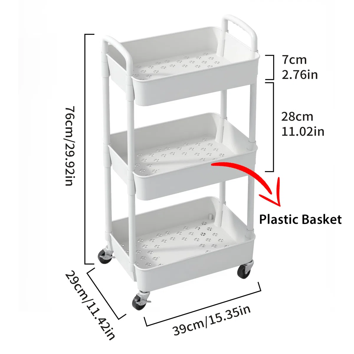 Sywhitta Carrello multiuso in plastica a 3 livelli con maniglia, carrello portaoggetti multifunzione per ufficio, soggiorno, cucina, organizer mobile con ruote, bianco