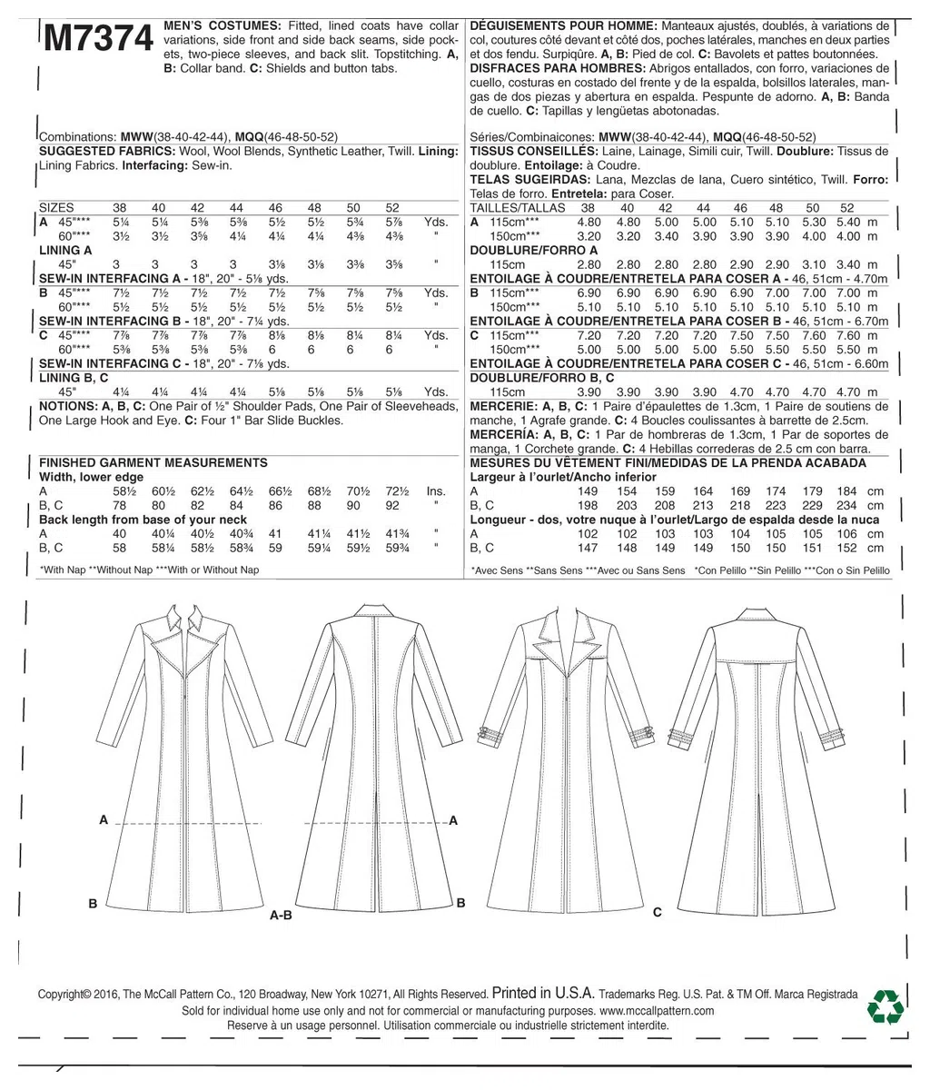 McCall's, Cartamodello per Costumi da Uomo, Taglie MQQ 46-52