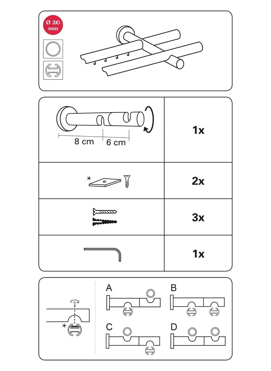 Gardinia 10011154 Supporto Aperto a Doppio Binario per Asta, Metallo, Finitura Acciaio Inossidabile, 8x8x0.1 cm