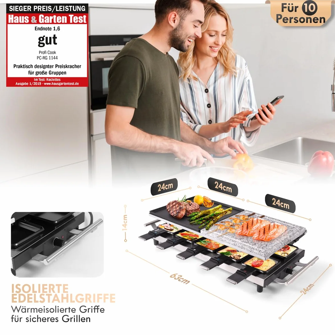 ProfiCook Grill raclette 2in1, raclette 10 persone, raclette con piano in pietra e piano cottura, antiaderente, impugnature isolate termicamente, termostato continuo,1700 Watt, acciaio inox,PC-RG 1144