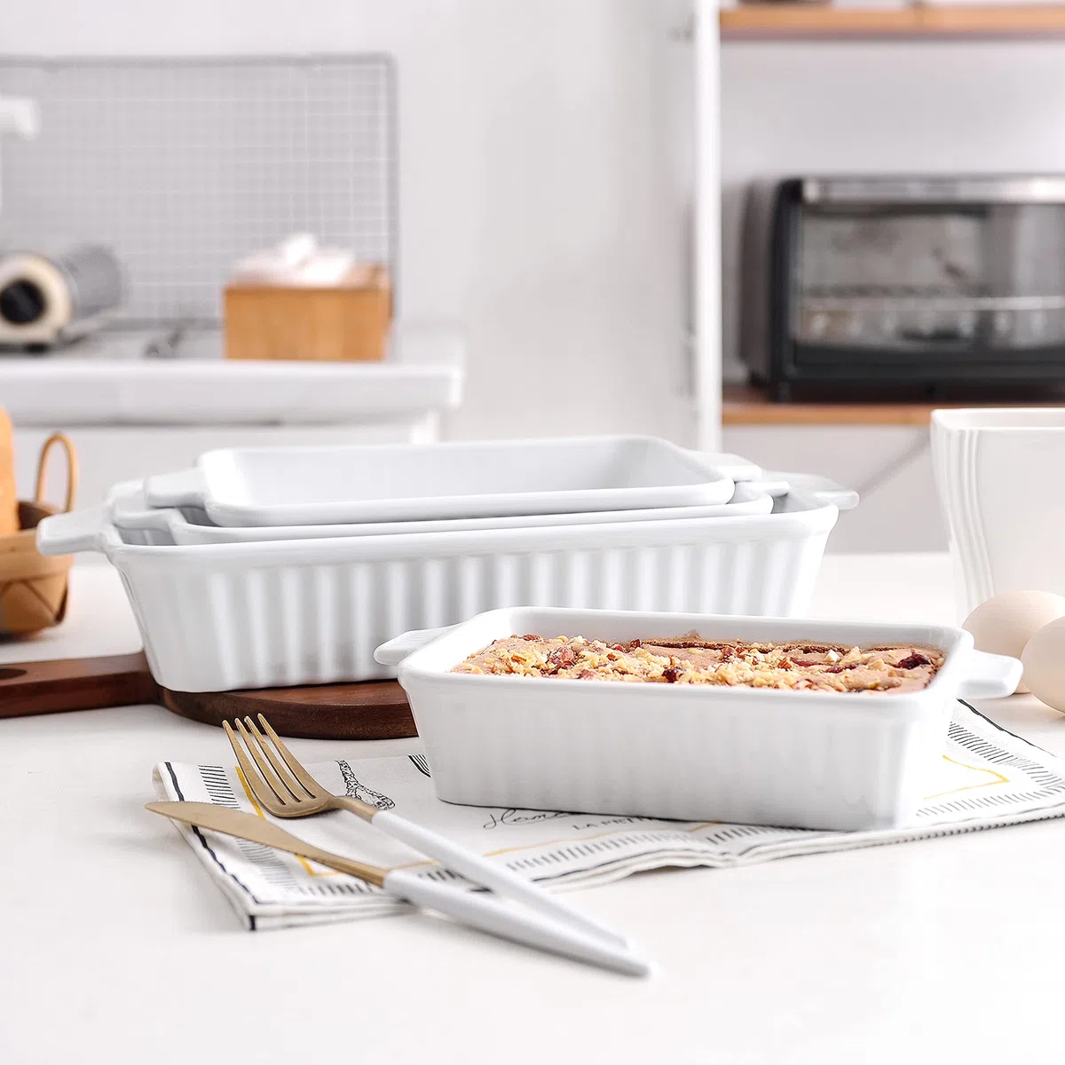 MALACASA Serie BAKE, Pirofile da Forno Rettangolari per Lasagne, Set di 4 Teglie da Forno in Ceramica 3020, 2080, 1480, 850 ml, Pirofila Ceramica Grande Antiaderenti Bianca