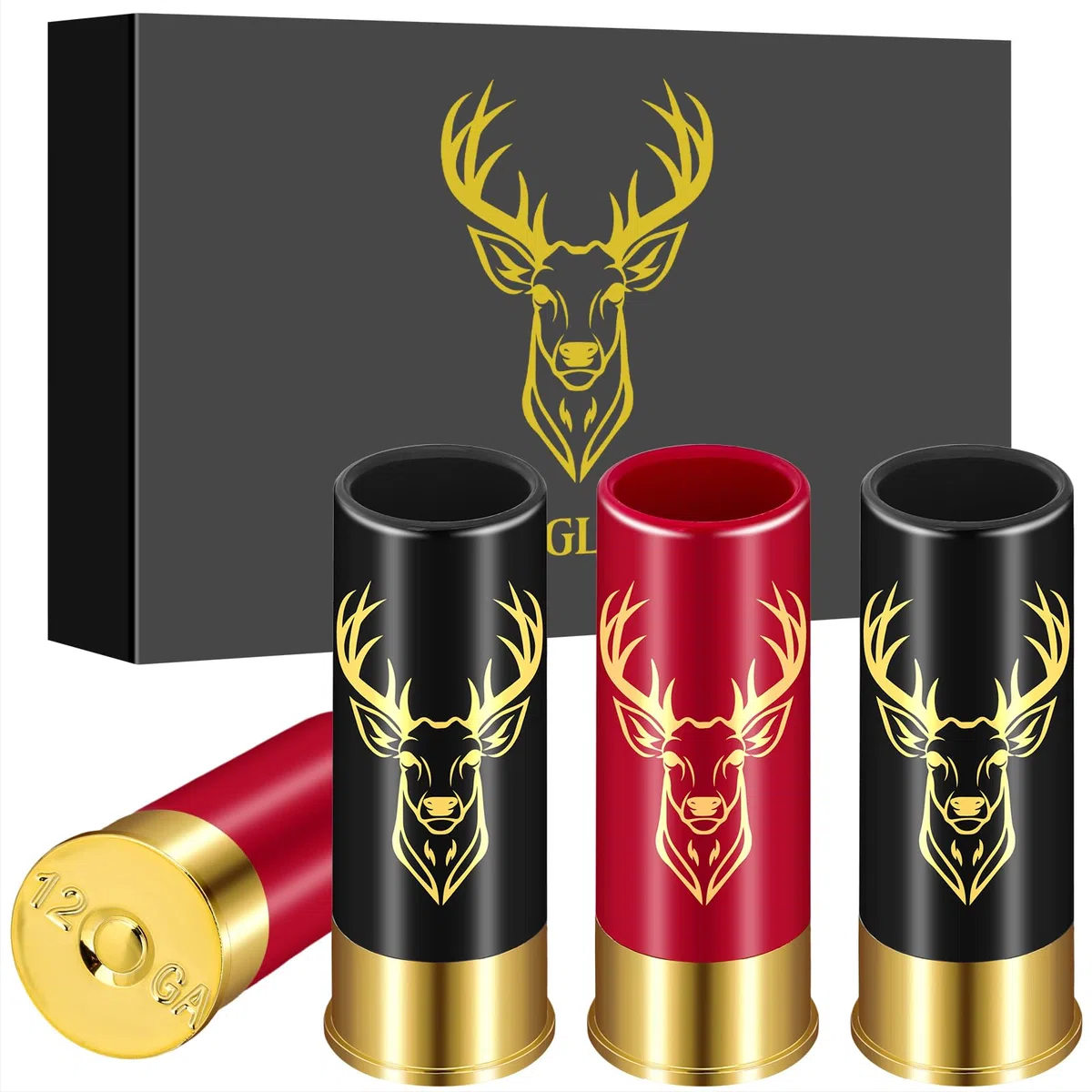 Set di 4 Bicchierini da Shot con Testa di Cervo, con Confezione Regalo, Regali di Compleanno, Matrimonio, Festa del Papà, Natale, 12GA Caccia al Cervo, Piccoli Bicchierini, Plastica, Nero e Rosso