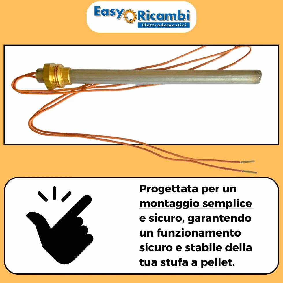RESISTENZA CANDELETTA ACCENSIONE PER STUFA A PELLET 270W 140 mm (+/- 2 mm)130 mm; DIAMENTRO 9,9MM; FILETTATURA 3/8. PER AMG RAVELLI PIAZZETTA ALDER