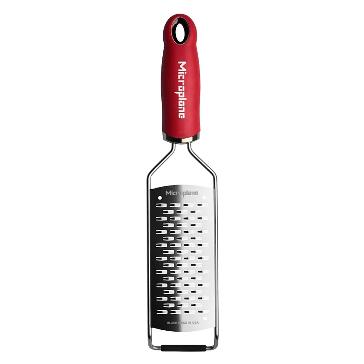 Microplane Grattugia da Cucina Doppia Lama Media Acciaio Inossidabile Rossa Serie Gourmet Ideale per Formaggio, Mela, Carota, Zucchina e Cioccolato