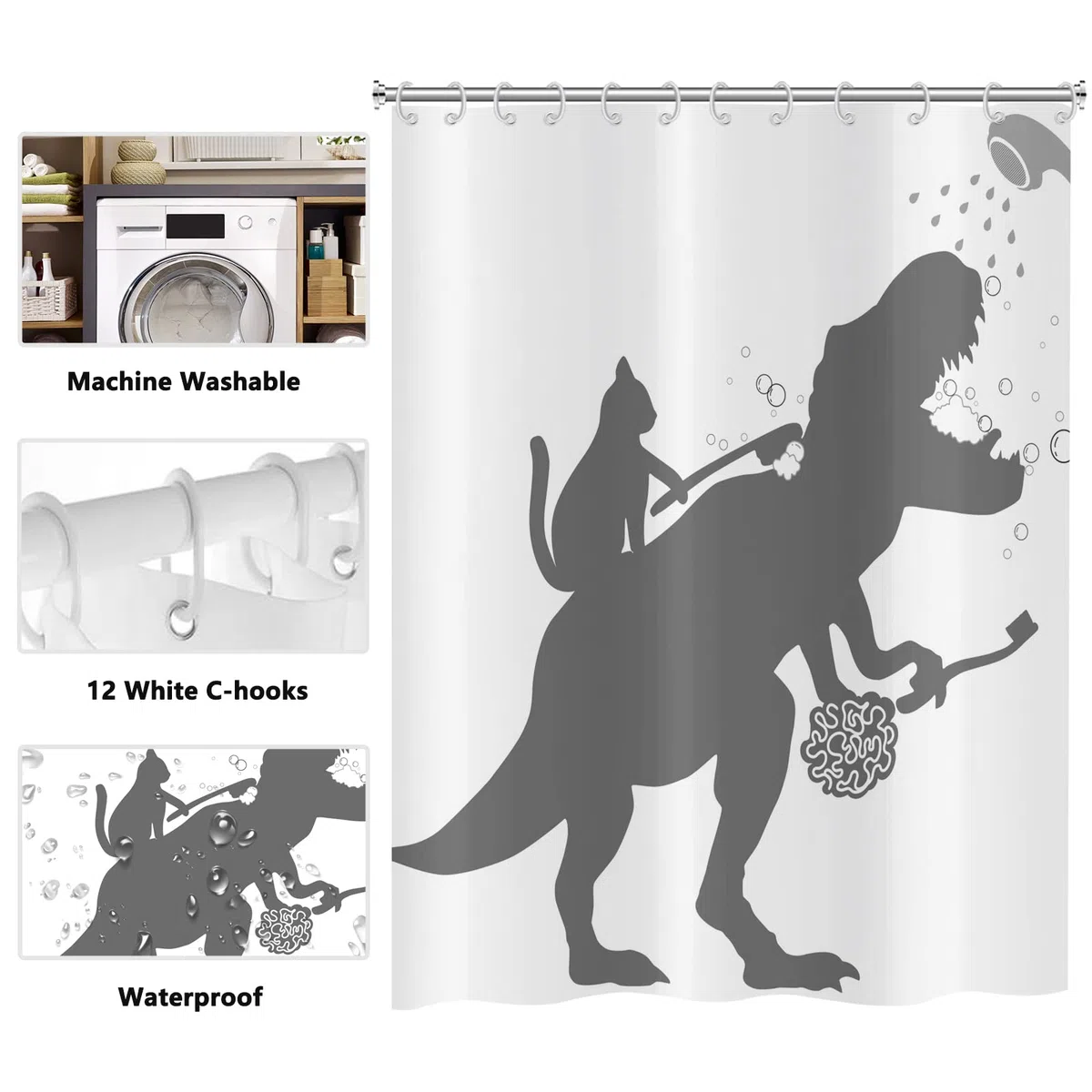 Tenda da doccia divertente 180 x 180 cm, semplicità divertente gatto dinosauro bianco lavabile tende da bagno in tessuto di poliestere impermeabile per vasca da bagno con 12 ganci