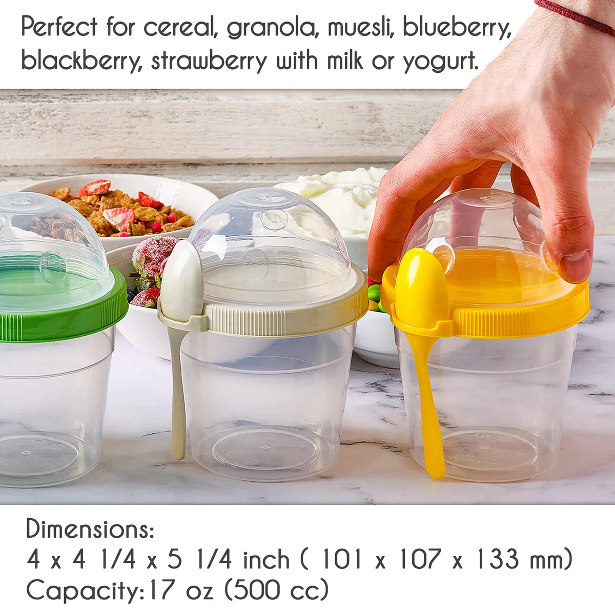 CRYSTALIA Riutilizzabile Tazza Yogurt To Go con Cucchiaio Tazza di Muesli To Go Set 4 500ml SENZA BPA Contenitore Yogurt Insalata Tazza Cereali con Coperchi Porta Yogurt Frutta Contenitore per Yoghurt