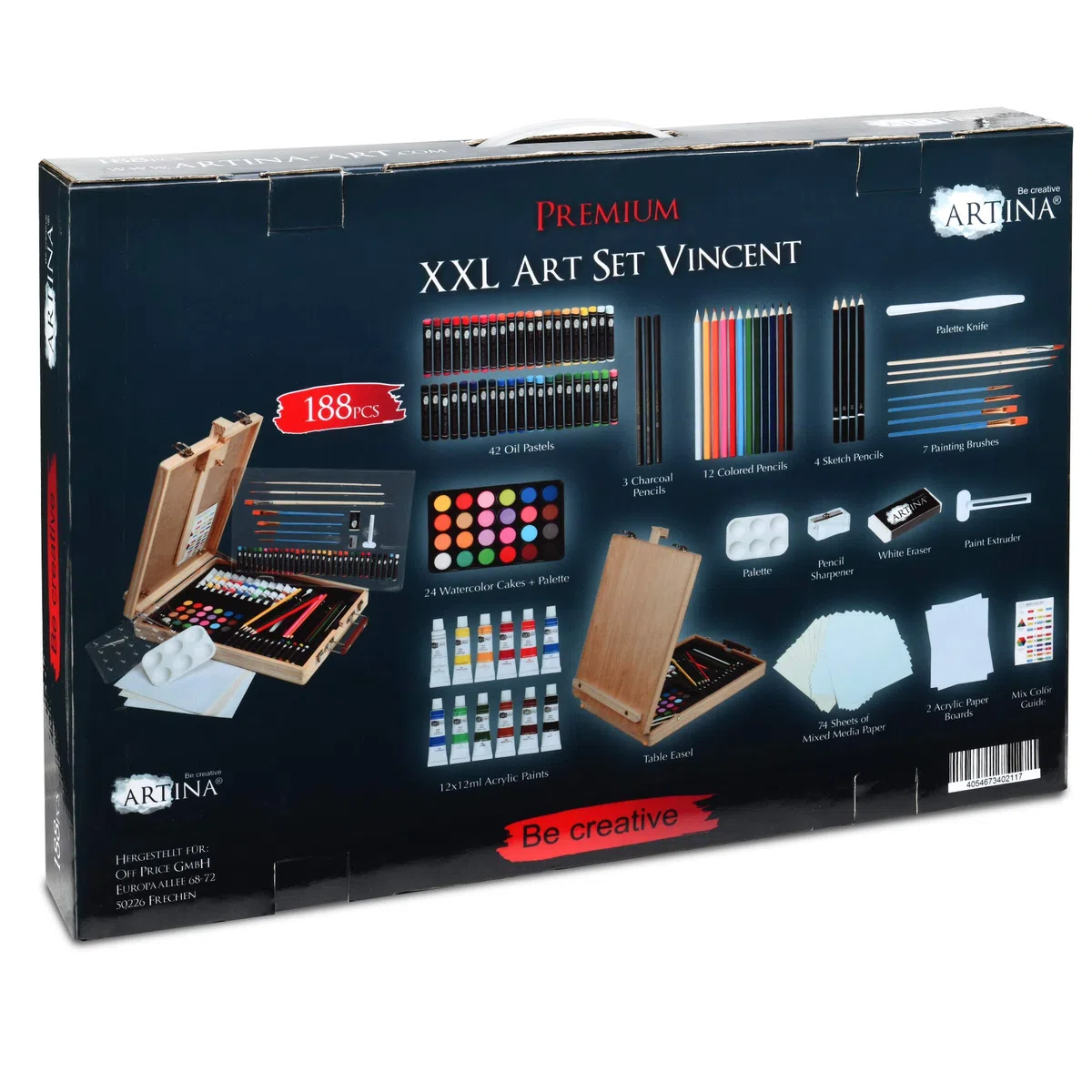 Artina 188 Pezzi Set Pittura per Bambini e Adulti Vincent – Kit Pittura Completo con Cavalletto e Valigetta in Legno FSC®, Colori Acrilici, Acquerelli, Pastelli – Set per Dipingere Professionale