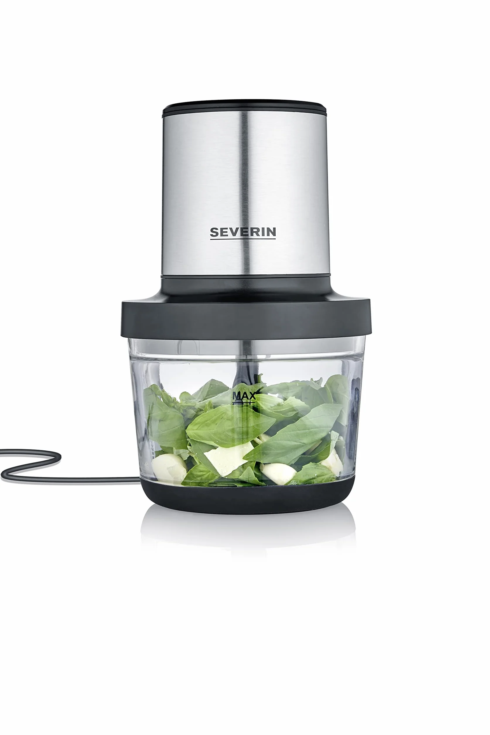 EVERIN Tritatutto da Cucina Elettrico, 1 Litro, 400W, 2 Velocità, Trita Ghiaccio, Disco Emulsionante, Inserto Pela Aglio, Ciotola in Vetro, BPA Free, 15,5 x 15,5 x 24,7 cm, Nero/Inox - KM 3867