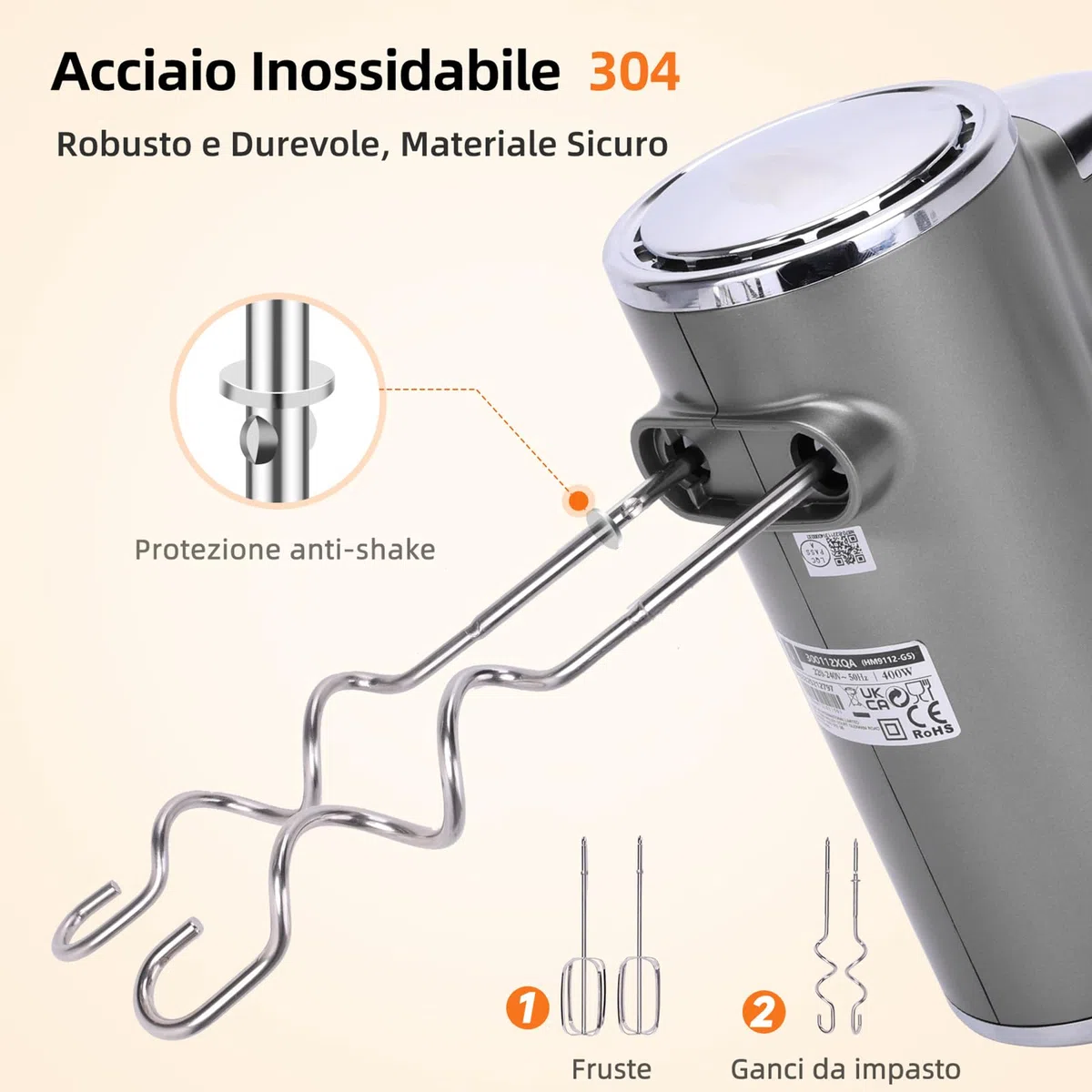 Aigostar Adela - Sbattitore Elettrico, Potenza di 400 W, 5 Velocità Regolabili e un Pulsante Turbo, una Staffa Portaoggetti, 2 Fruste e 2 Ganci. Color Argento