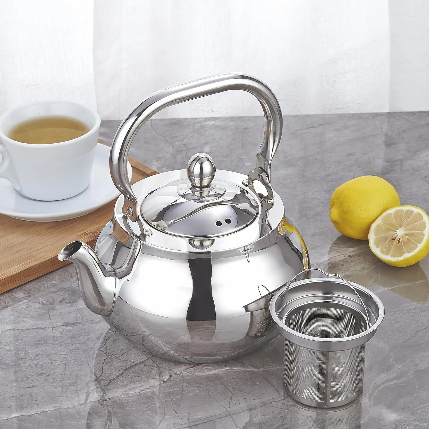 SANQIAHOME Teiera in acciaio inossidabile con infusore rimovibile 71 oz (2000 ml) Macchina per il tè con piano cottura addensato lucidato a specchio per erbe e infusi