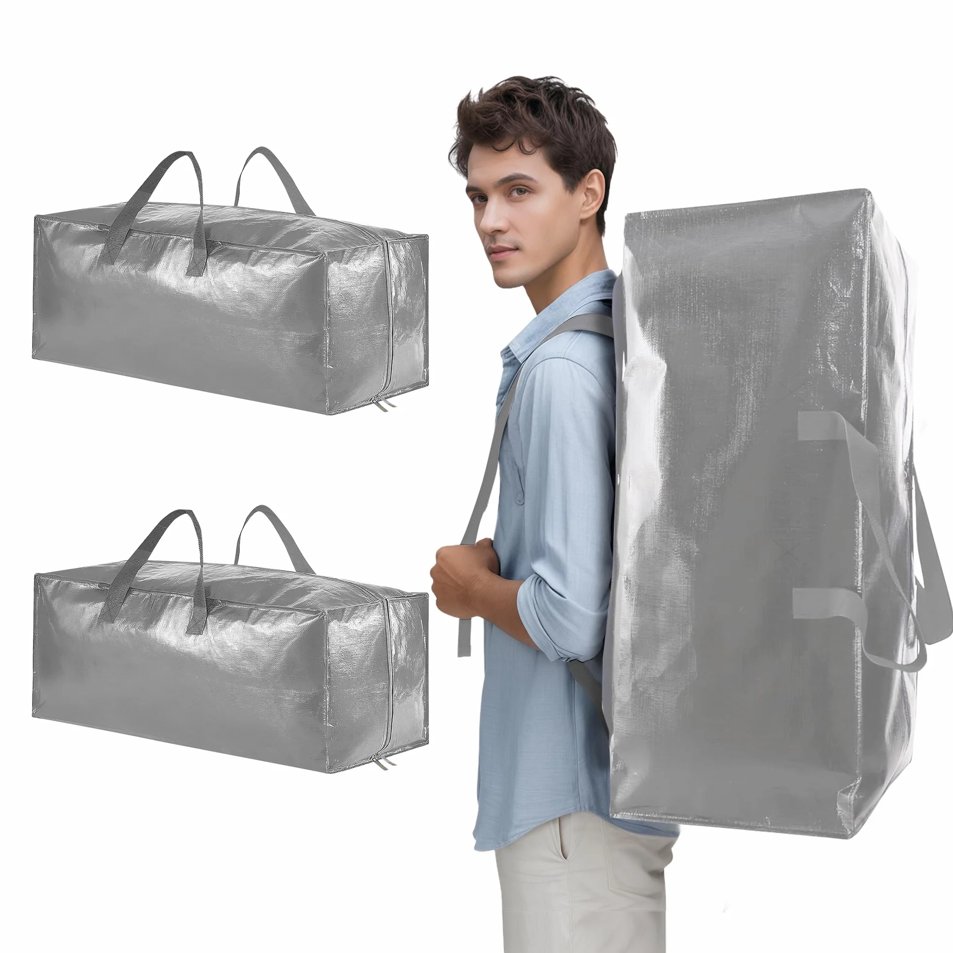 Borse portaoggetti con cerniera, grandi borse forti e durevoli con manico e cinghie per zaino, per traslochi, sacchetti per lavanderia, vestiti (grigio, 71 x 33 x 31 cm, 2 pezzi)