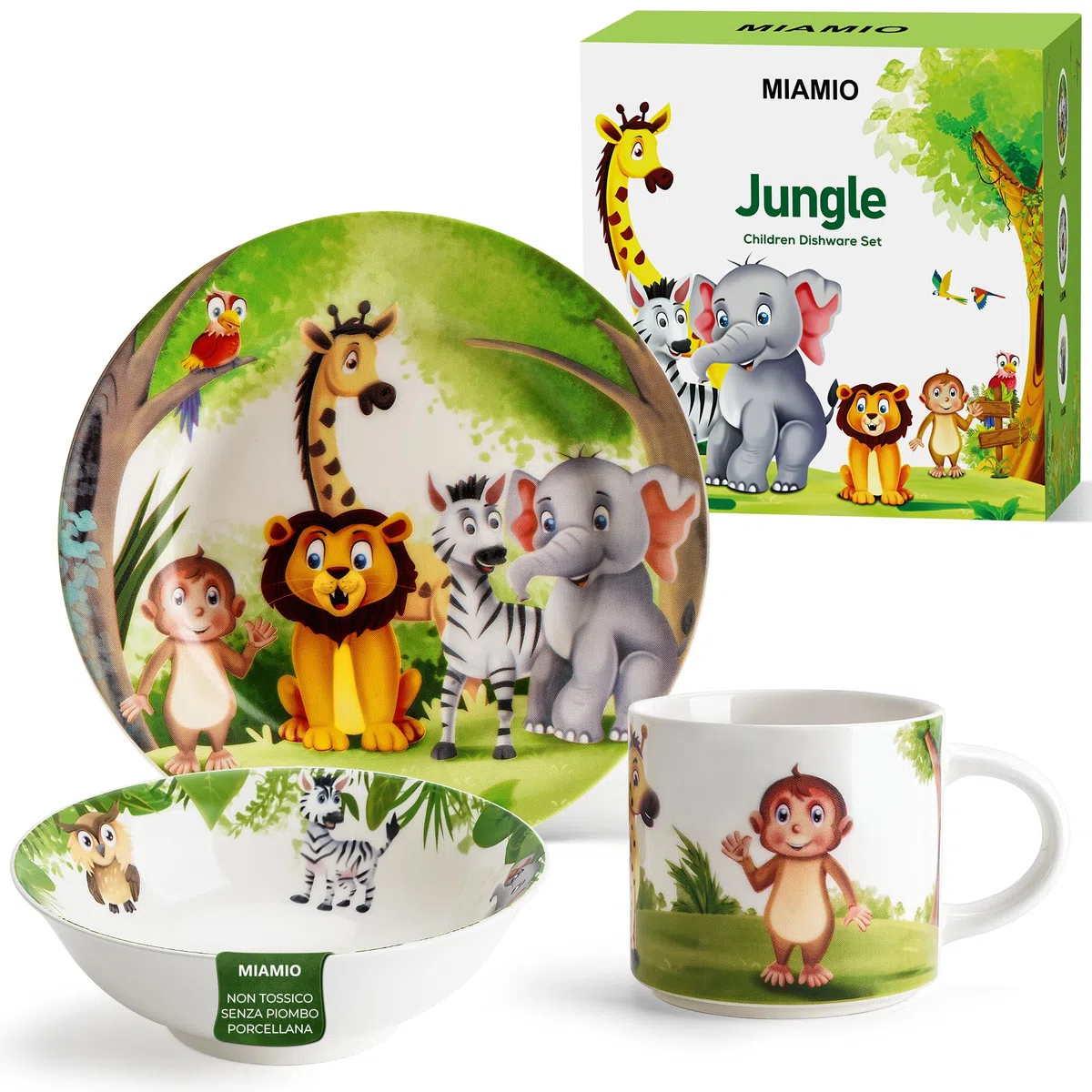 MIAMIO - Set di 3 stoviglie per bambini/piatti per bambini, set di piatti per bambini, set di stoviglie per bambini - include piatti, ciotole e tazze - per bambini e bambini piccoli (Giungla)