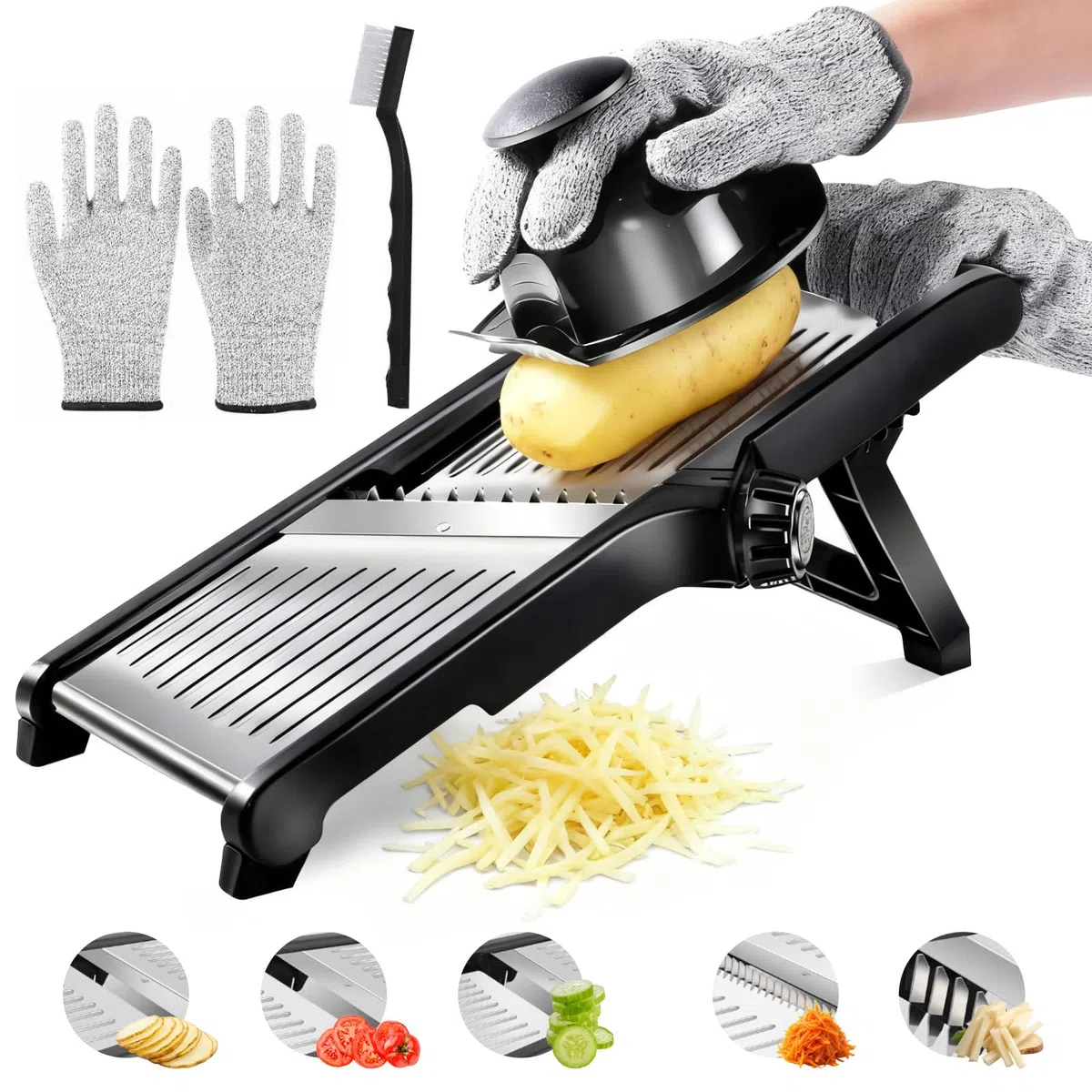 Mandolina per Verdure Regolabile, Mandolina Affettatrice Professionale in Acciaio Inox, Taglia e Affetta Verdure Regolabile, con 1 Spazzola di Pulizia e 1 Guanti di Sicurezza