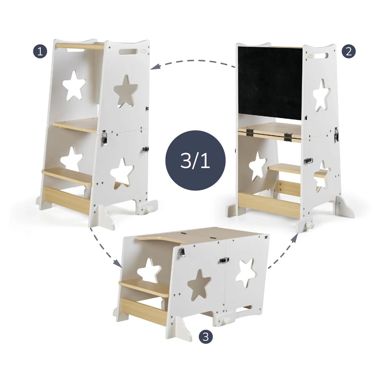 MS BabyWorld – Learn Up – Torre d'Apprendimento Montessori | Convertibile in Scrivania con Lavagna e Sgabello | Legno Massello | Barra di Sicurezza | Pieghevole