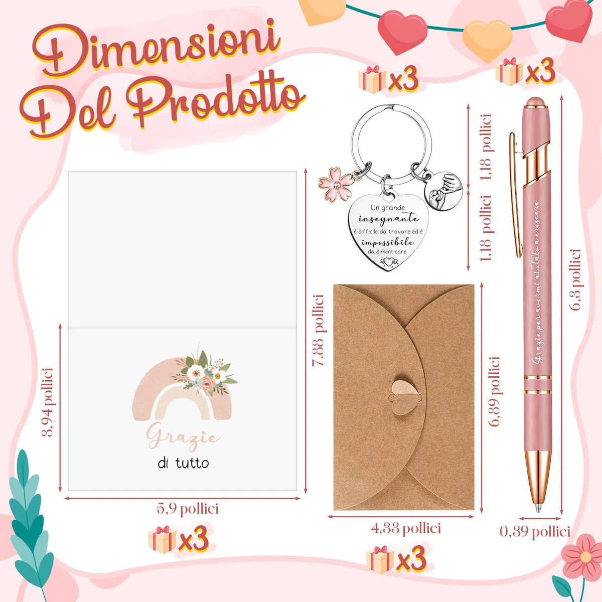 Xuniea 3 Sets Regalo Maestra Regalo Maestra Fine Anno Regali per Insegnanti, Borse Cosmetici Portachiavi Penne e Biglietti per Grazie, Laurea, Compleanno, ‌Festa degli Insegnanti