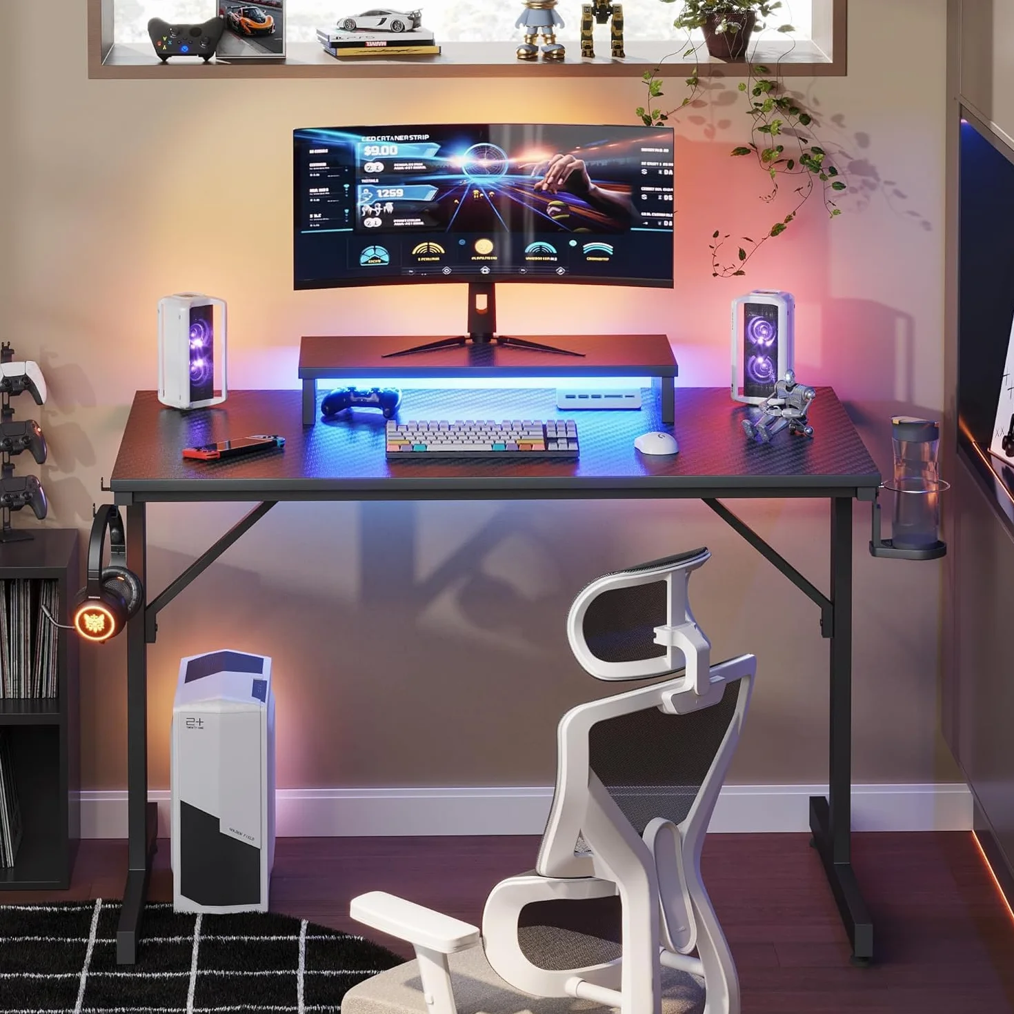 Bestier Scrivania da Gioco LED per PC con Supporto per Monitor, Tavolo Stabile per Computer con Portabicchieri e Gancio per Cuffie, 106 cm (Nero)
